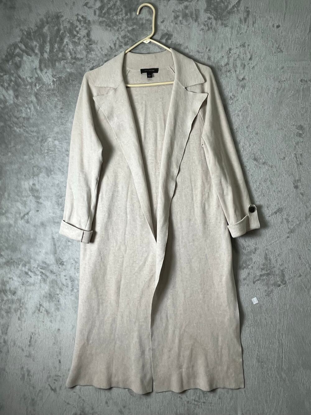 Ann Taylor Long Duster Jacket Small Cotton Blend Neutral Minimalist Lightweight‎